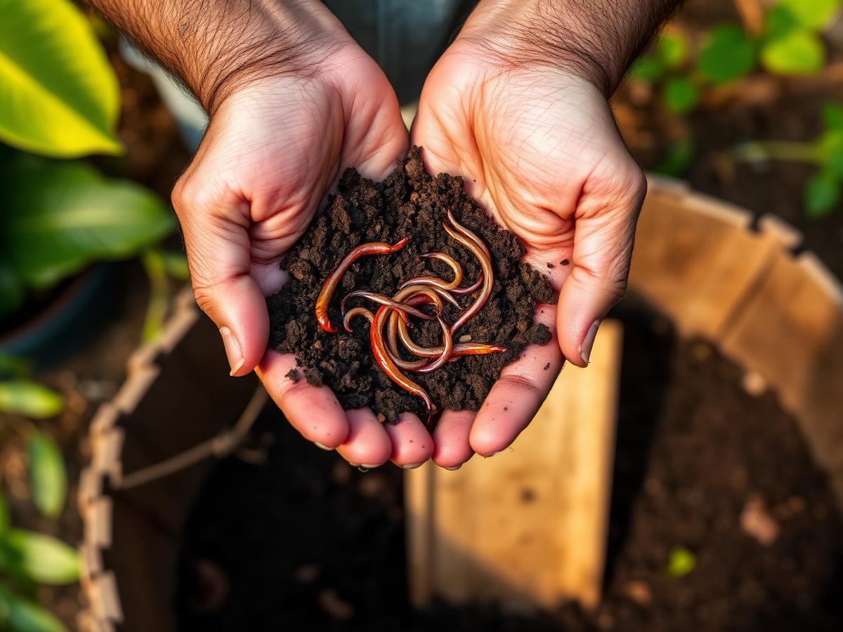 Mãos segurando composto com minhocas